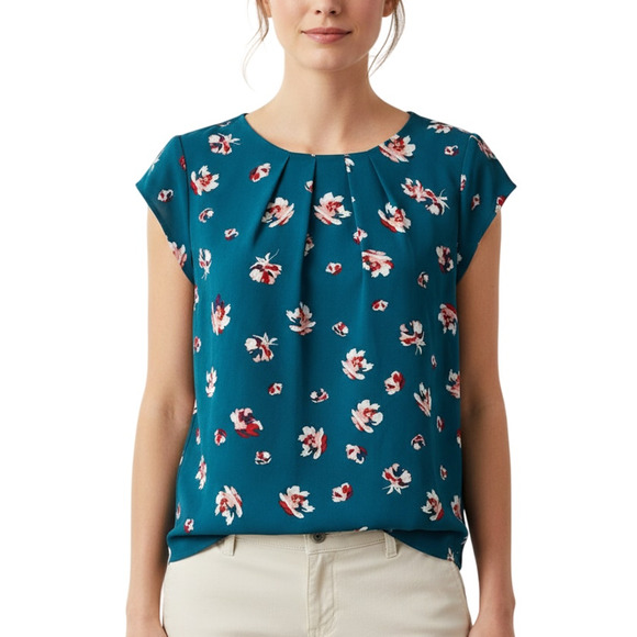 41 Hawthorn Teal Floral Pleated Short Sleeve Blouse Women’s Med Petite NWT - Picture 1 of 7